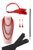 Abito flapper con frange in paillettes bordeaux con set di accessori del 1920