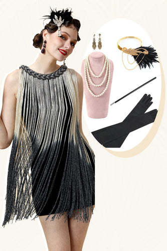 Abito flapper con frange di albicocca con set di accessori anni '20
