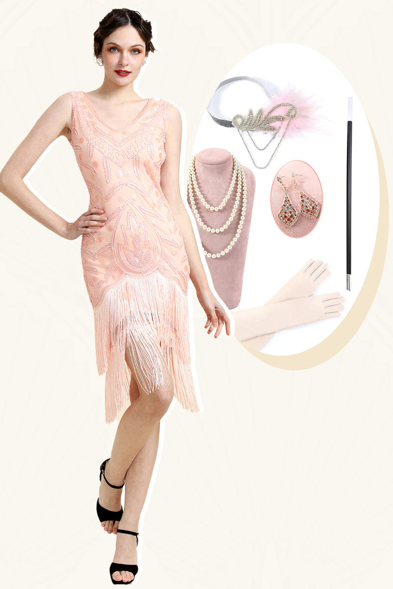 Carica l&#39;immagine nel visualizzatore di Gallery, Abito Flapper con frange rosa di perline con set di accessori del 20
