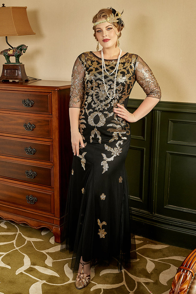 Carica l&#39;immagine nel visualizzatore di Gallery, Nero e dorato Plus Size 1920s Gatsby Dress con set di accessori anni &#39;20