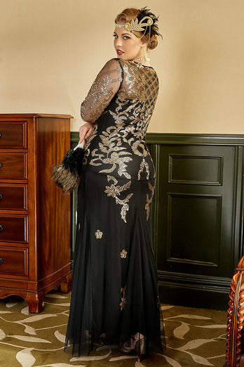 Nero e dorato Plus Size 1920s Gatsby Dress con set di accessori anni '20