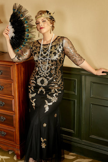 Nero e dorato Plus Size 1920s Gatsby Dress con set di accessori anni '20
