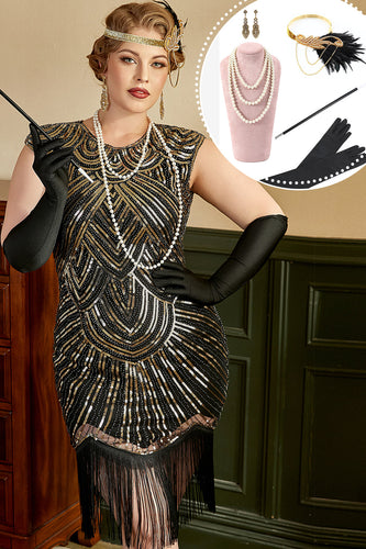 Golden Sequins Plus Size 1920s Gatsby Dress con set di accessori anni '20