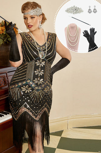 Paillettes dorate nere Plus Size 1920s Gatsby Dress con set di accessori anni '20