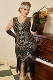 Paillettes dorate nere Plus Size 1920s Gatsby Dress con set di accessori anni '20