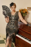 Paillettes dorate nere Plus Size 1920s Gatsby Dress con set di accessori anni '20