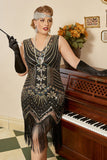 Paillettes dorate nere Plus Size 1920s Gatsby Dress con set di accessori anni '20