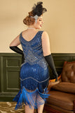 Royal Blue Sequined 1920s Plus Size Gatsby Dress con set di accessori anni '20
