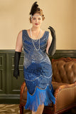 Royal Blue Sequined 1920s Plus Size Gatsby Dress con set di accessori anni '20