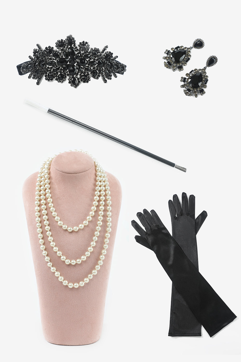 Set Accessori Anni 20 Gatsby - Collana Perle, Tiara, Bracciale, Orecchini E Guanti Lunghi Per Feste In Stile Vintage - Foto 7