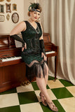 Abito flapper di paillettes verde scuro 1920s Plus Size con set di accessori anni '20