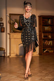 Abito flapper anni '20 con paillettes nere scintillanti con accessori anni '20