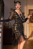 Abito flapper anni '20 con paillettes nere scintillanti con accessori anni '20