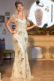 Abito lungo Gatsby con paillettes dorate scintillanti con set di accessori anni '20