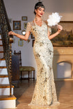 Abito lungo Gatsby con paillettes dorate scintillanti con set di accessori anni '20