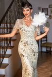 Abito lungo Gatsby con paillettes dorate scintillanti con set di accessori anni '20