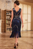 Blu scuro Midi con scollo a V con frange paillettes 1920s Dress con accessori Set