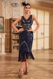 Blu scuro Midi con scollo a V con frange paillettes 1920s Dress con accessori Set