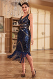 Blu scuro Midi con scollo a V con frange paillettes 1920s Dress con accessori Set