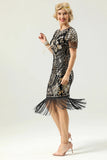 Nero Paillettes frangiato Cap Maniche 1920s Dress con accessori Set