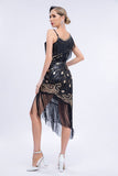 Sparkly nero asimmetrico paillettes frangiato 1920s vestito con accessori set