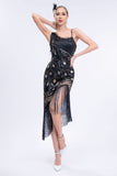 Sparkly nero asimmetrico paillettes frangiato 1920s vestito con accessori set