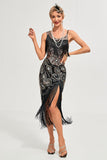 Sparkly nero paillettes frange asimmetrico 1920s Gatsby Dress con accessori Set