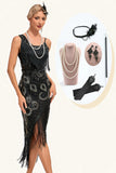 Glitter nero con frange paillettes 1920s Gatsby Dress con accessori anni '20