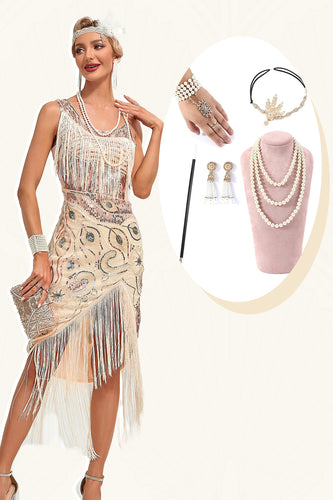 Sparkly Champagne Paillettes frange asimmetrico 1920s Gatsby Dress con accessori Set