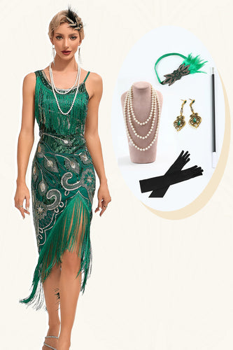 Sparkly verde scuro paillettes frange asimmetrico 1920s Gatsby Dress con accessori Set