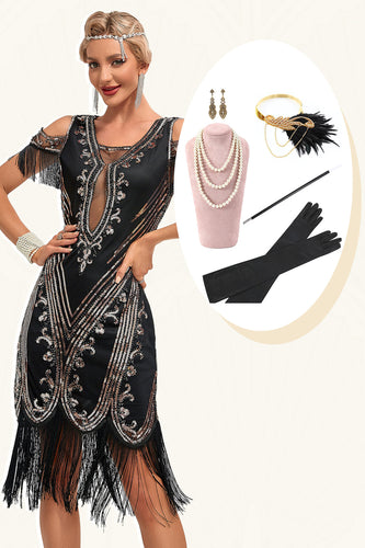 Glitter nero paillettes frange 1920s Gatsby Dress con accessori Set