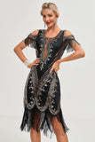Glitter nero paillettes frange 1920s Gatsby Dress con accessori Set