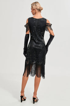Glitter Nero Spalla Fredda Paillettes Frange 1920s Gatsby Dress con Accessori Set