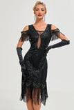 Glitter Nero Spalla Fredda Paillettes Frange 1920s Gatsby Dress con Accessori Set