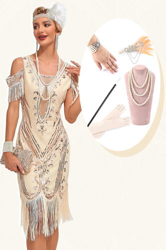 Glitter Champagne Cold Shoulder Paillettes Frange 1920s Gatsby Dress con accessori Set