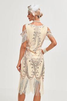Glitter Champagne Cold Shoulder Paillettes Frange 1920s Gatsby Dress con accessori Set