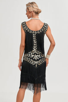 Glitter nero paillettes frangiato 1920s Gatsby Dress con accessori set