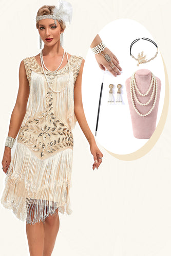 Glitter Champagne Paillettes frangiato 1920s Gatsby Dress con accessori Set