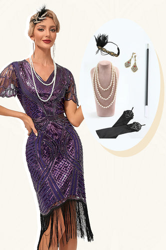 Viola scuro perline frange 1920s Dress con accessori Set