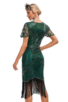 Perline verde scuro Glitter frange Flapper Dress con accessori Set