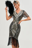 Nero Dorato Glitter Fringes 1920s Dress con accessori Set