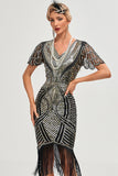 Nero Dorato Glitter Fringes 1920s Dress con accessori Set