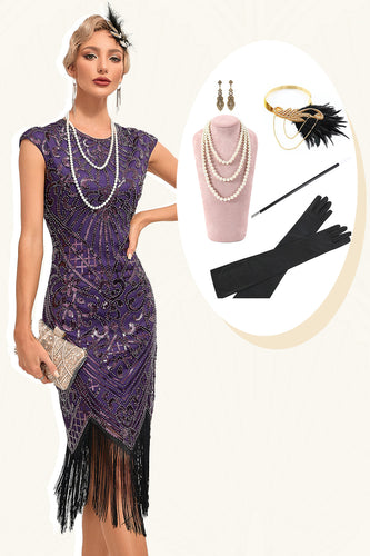 Frange viola scuro perline 1920s Dress con accessori Set
