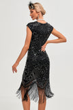 Nero senza maniche Glitter frange 1920s Dress con accessori Set