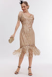 Champagne Cold spalla Fringes 1920s Gatsby Abito con 20s accessori Set