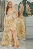 Principessa A-Line Fuori dalla spalla Abito da ballo a più livelli oro con set di accessori