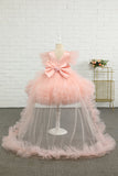 Rosa Alto-basso Tulle Fiore Ragazza Abito con Fiocco
