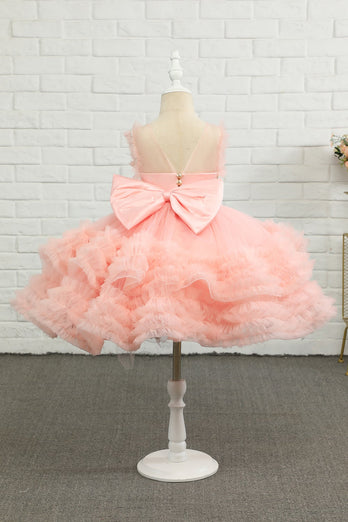 Pink Beading Tulle Flower Girl Dress con fiocco