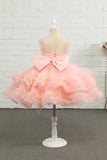 Pink Beading Tulle Flower Girl Dress con fiocco