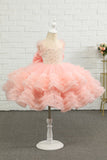 Pink Beading Tulle Flower Girl Dress con fiocco